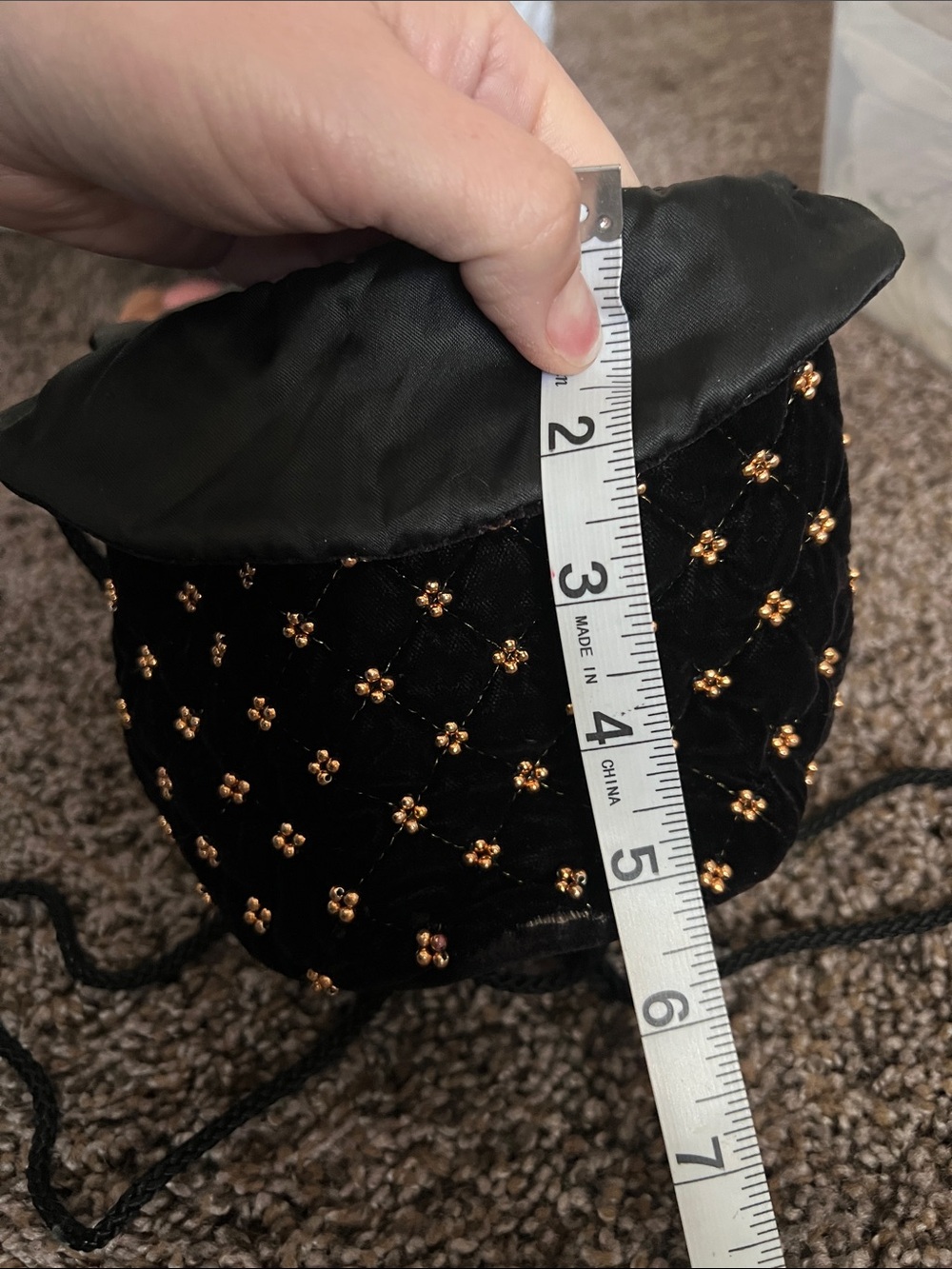 Black Quilted Velvet Mini Drawstring Bag with Gold Bead Accents - Picture 9 of 9